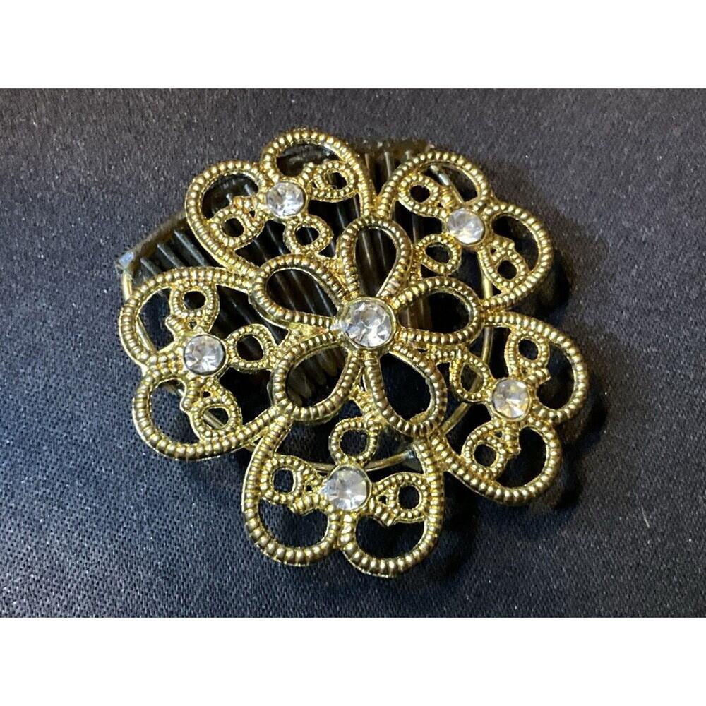 Vintage Gold Tone Filigree Hair Comb With Rhinestones